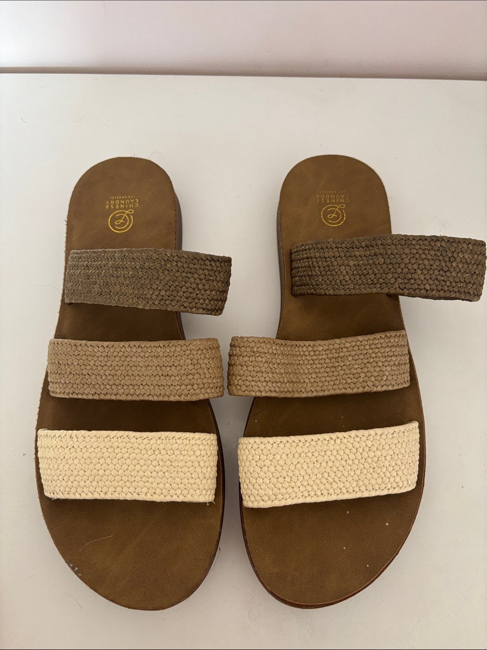 CL by Chinese Laundry Three-Strap Braided Slide Sandals in Brown and Cream